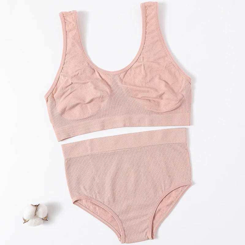 Women Seamless Bra Set Sexy Lingerie Set Rib Top Bra Set Sexy High Waist Briefs Panties Wirefree Bralette Female Underwear Set