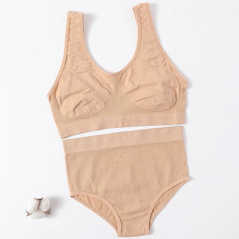Women Seamless Bra Set Sexy Lingerie Set Rib Top Bra Set Sexy High Waist Briefs Panties Wirefree Bralette Female Underwear Set