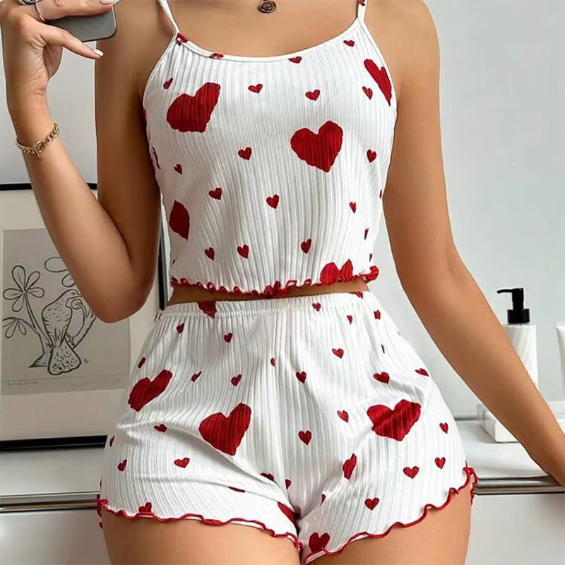 Heart Print Ribbed Pajama Set – 2 Piece Lounge Sleepwear