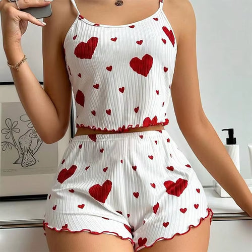 Heart Print Ribbed Pajama Set – 2 Piece Lounge Sleepwear