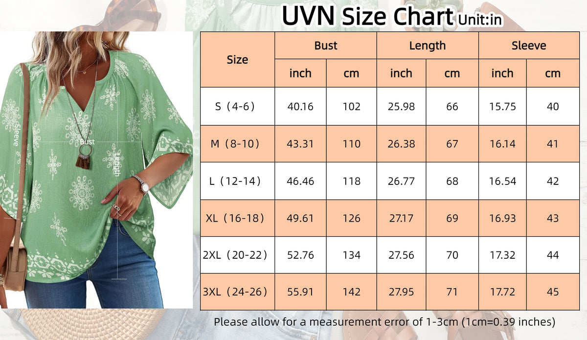 Womens Summer Blouses Bohemian 3/4 Bell Sleeve Shirts for Women V Neck Flowy Casual Pleated Tops