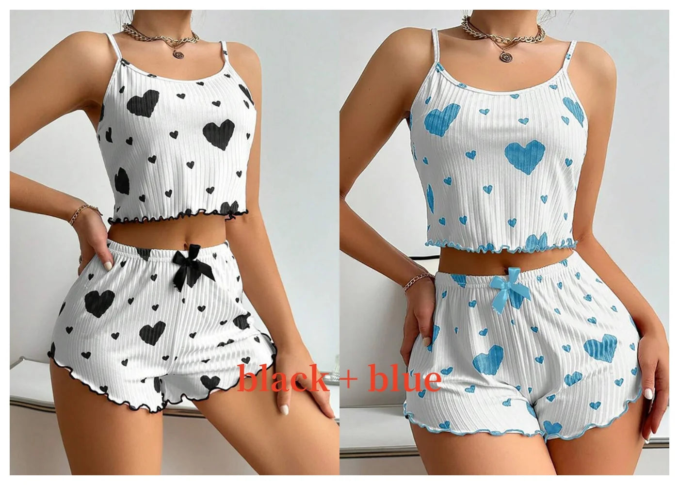 Heart Print Ribbed Pajama Set – 2 Piece Lounge Sleepwear