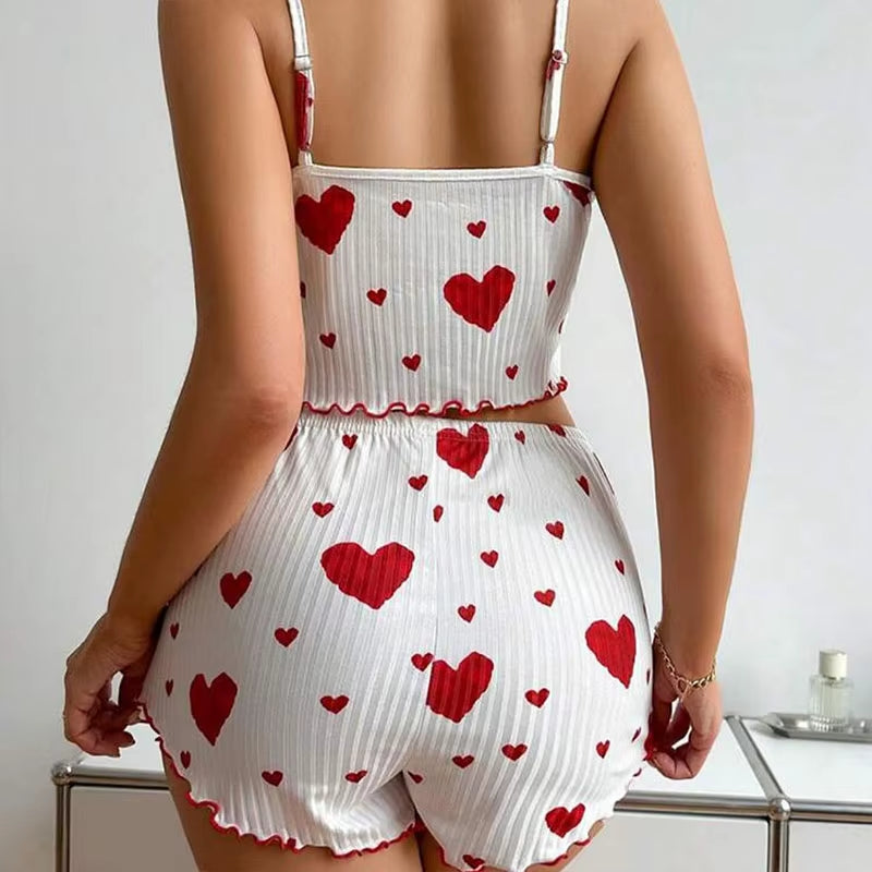Heart Print Ribbed Pajama Set – 2 Piece Lounge Sleepwear