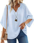 Womens Summer Blouses Bohemian 3/4 Bell Sleeve Shirts for Women V Neck Flowy Casual Pleated Tops