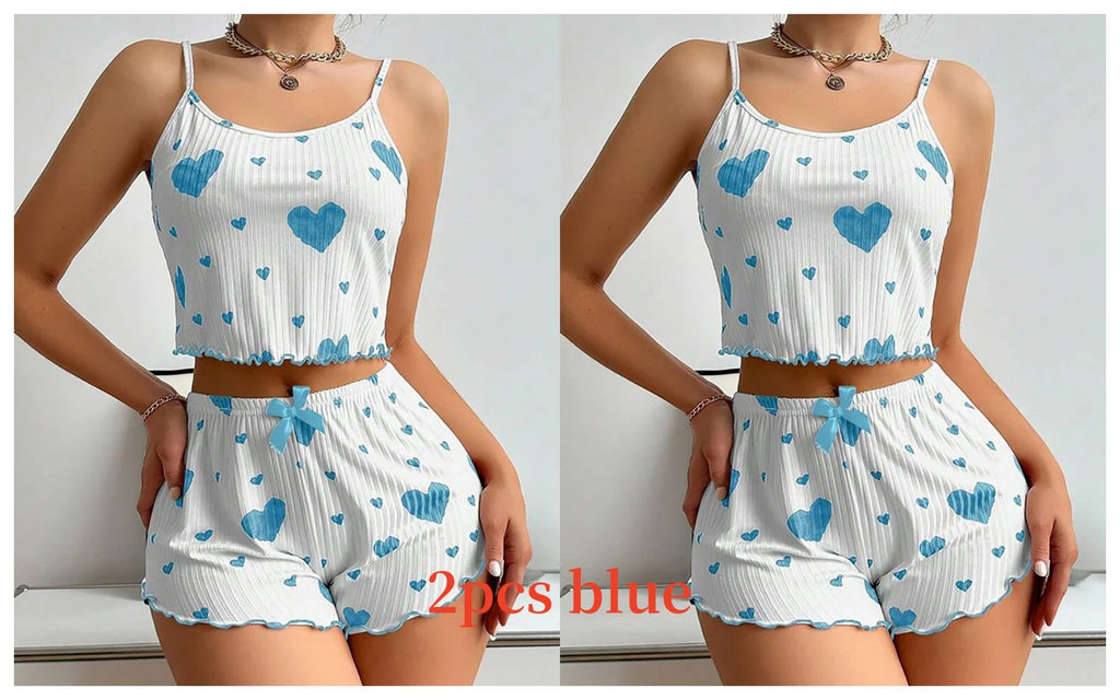 Heart Print Ribbed Pajama Set – 2 Piece Lounge Sleepwear