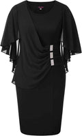 Women'S plus Size Chiffon Ruffle Flattering Cape Sleeve Bodycon Pencil Dress