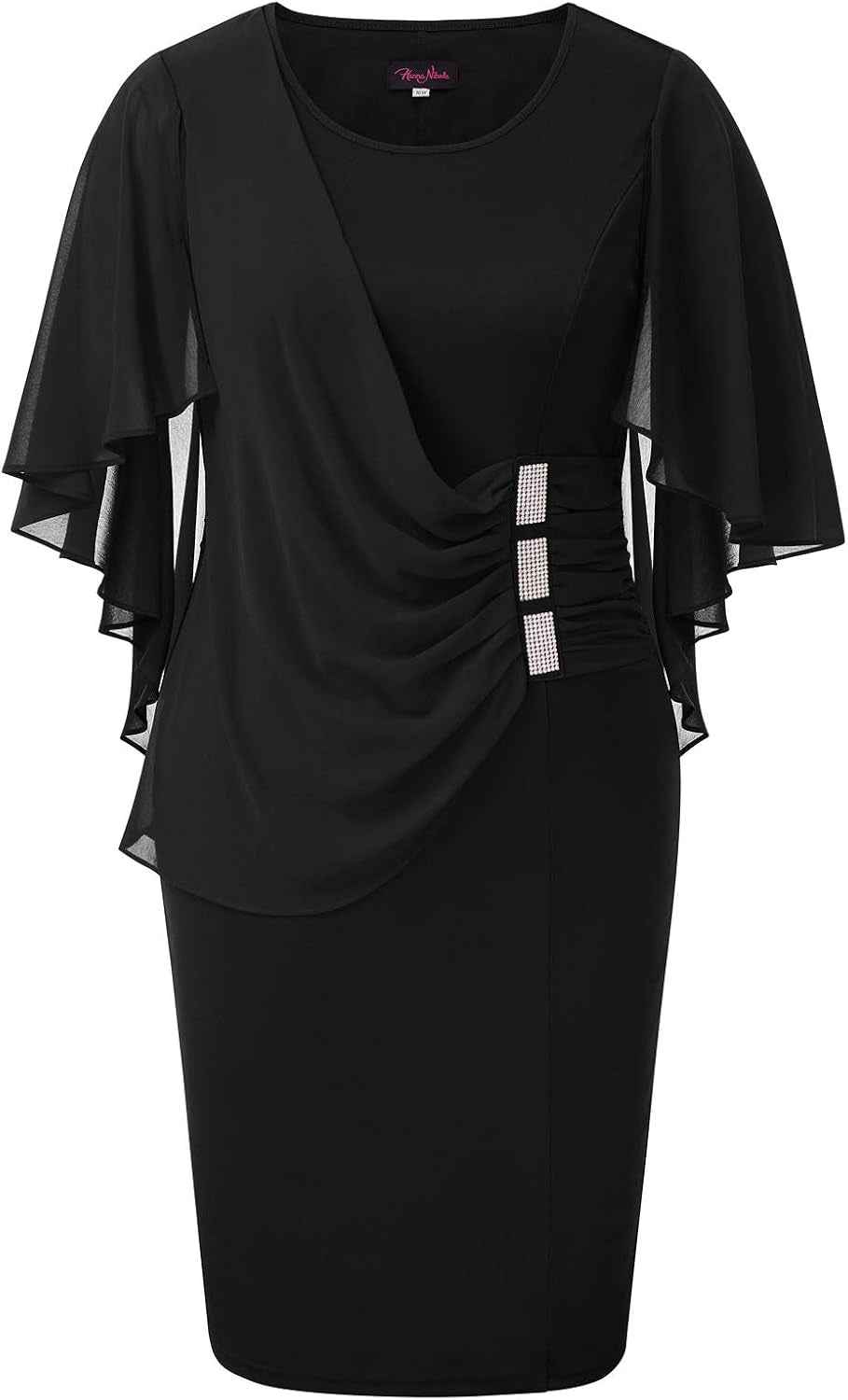 Women'S plus Size Chiffon Ruffle Flattering Cape Sleeve Bodycon Pencil Dress