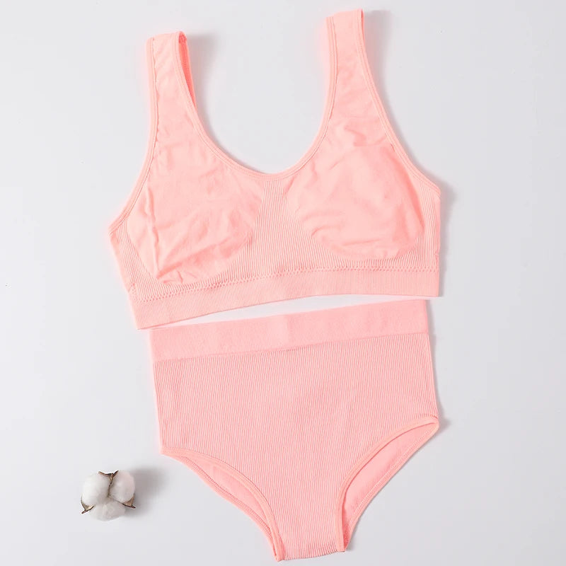 Women Seamless Bra Set Sexy Lingerie Set Rib Top Bra Set Sexy High Waist Briefs Panties Wirefree Bralette Female Underwear Set