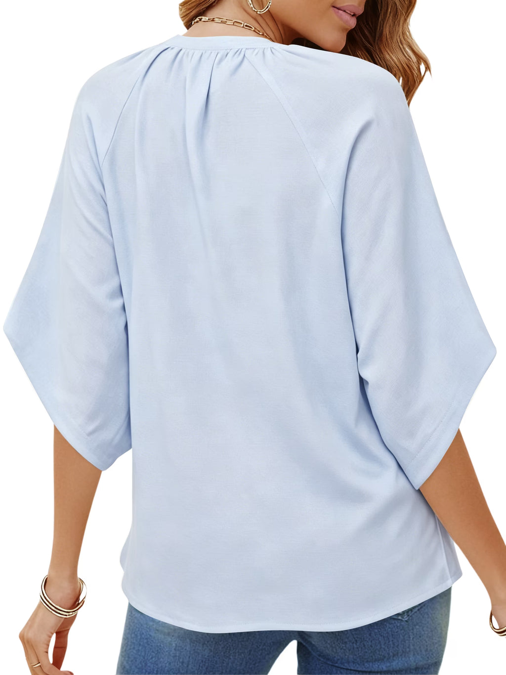 Womens Summer Blouses Bohemian 3/4 Bell Sleeve Shirts for Women V Neck Flowy Casual Pleated Tops